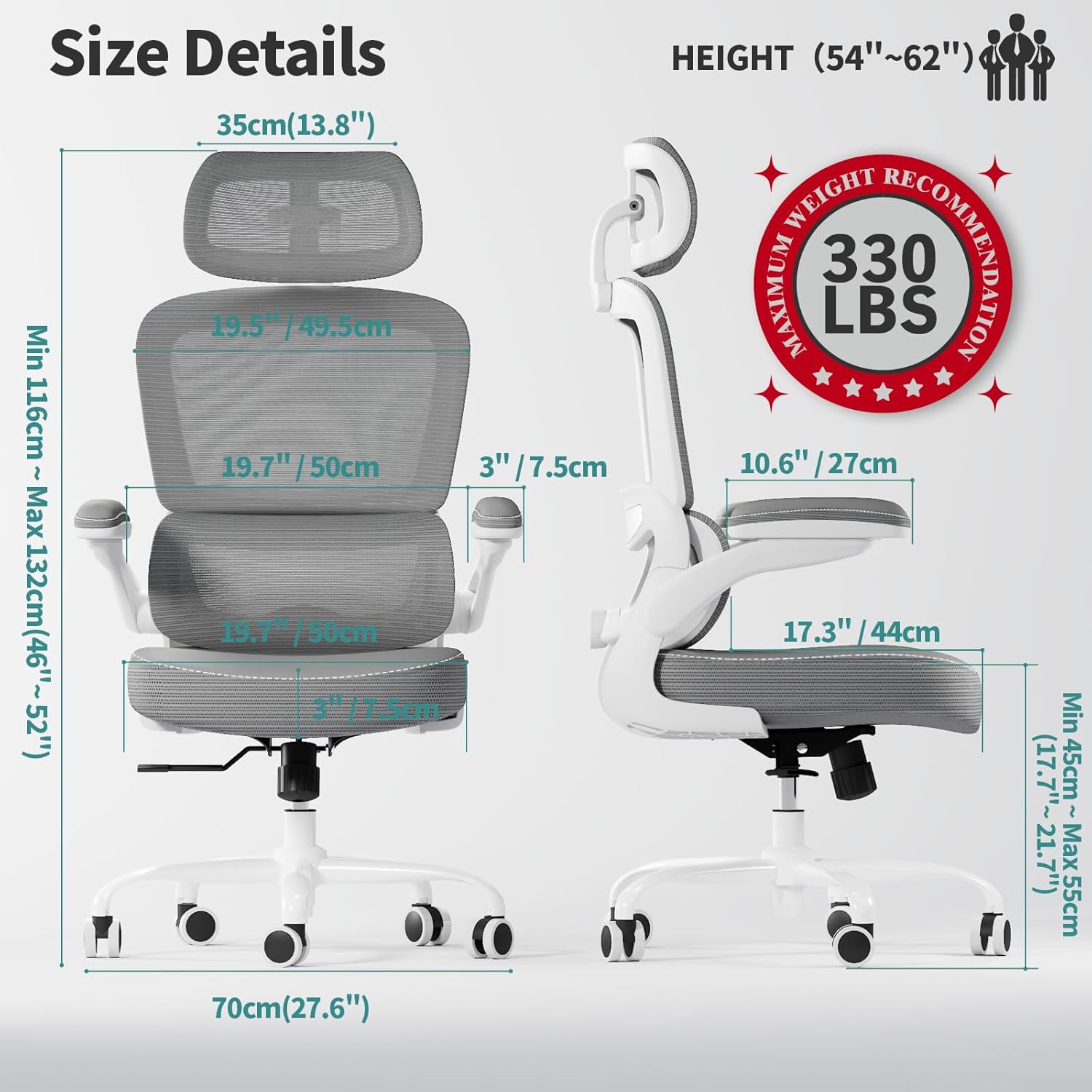 TRALT Ergonomic Office Chair - Desk Chair with Adjustable Headrest Lumbar Support Computer Chair - Mesh Comfy Chair with Flip-up Armrests - Gaming Chairs for Adults Home Office (Leather, Grey)
