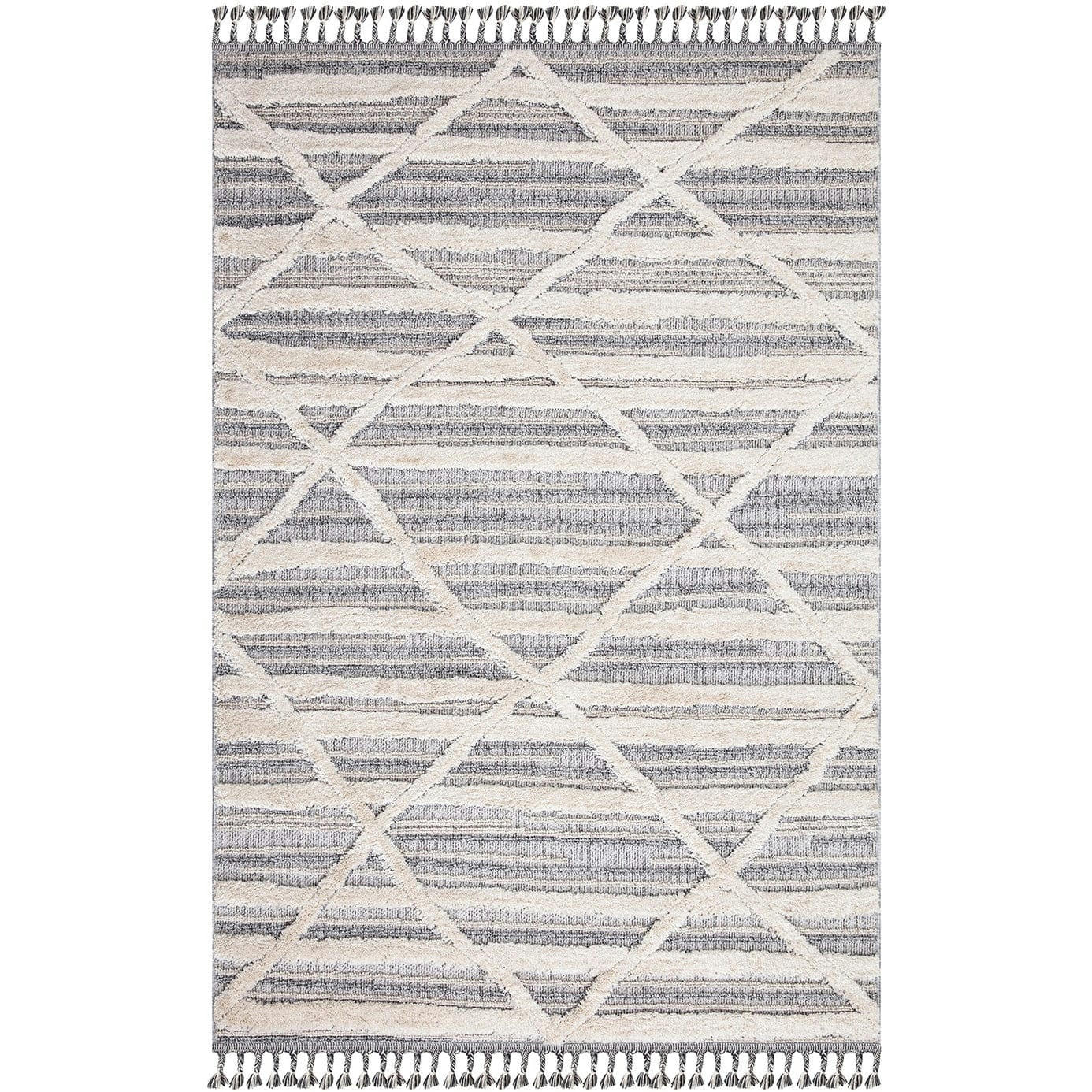 BOHOUSE - Tapis bohème chic à franges tressées crème et gris 160x230cm