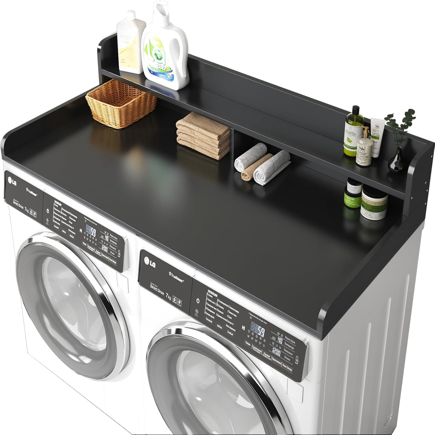 2-Tier Washer and Dryer Countertop with 2.75 H Guard,54 W x 27.5 D Laundry Countertop Cover with Non-Slip Pad,Large Space Laundry Topper for Folding Clothes Over Washer and Dryer-Black