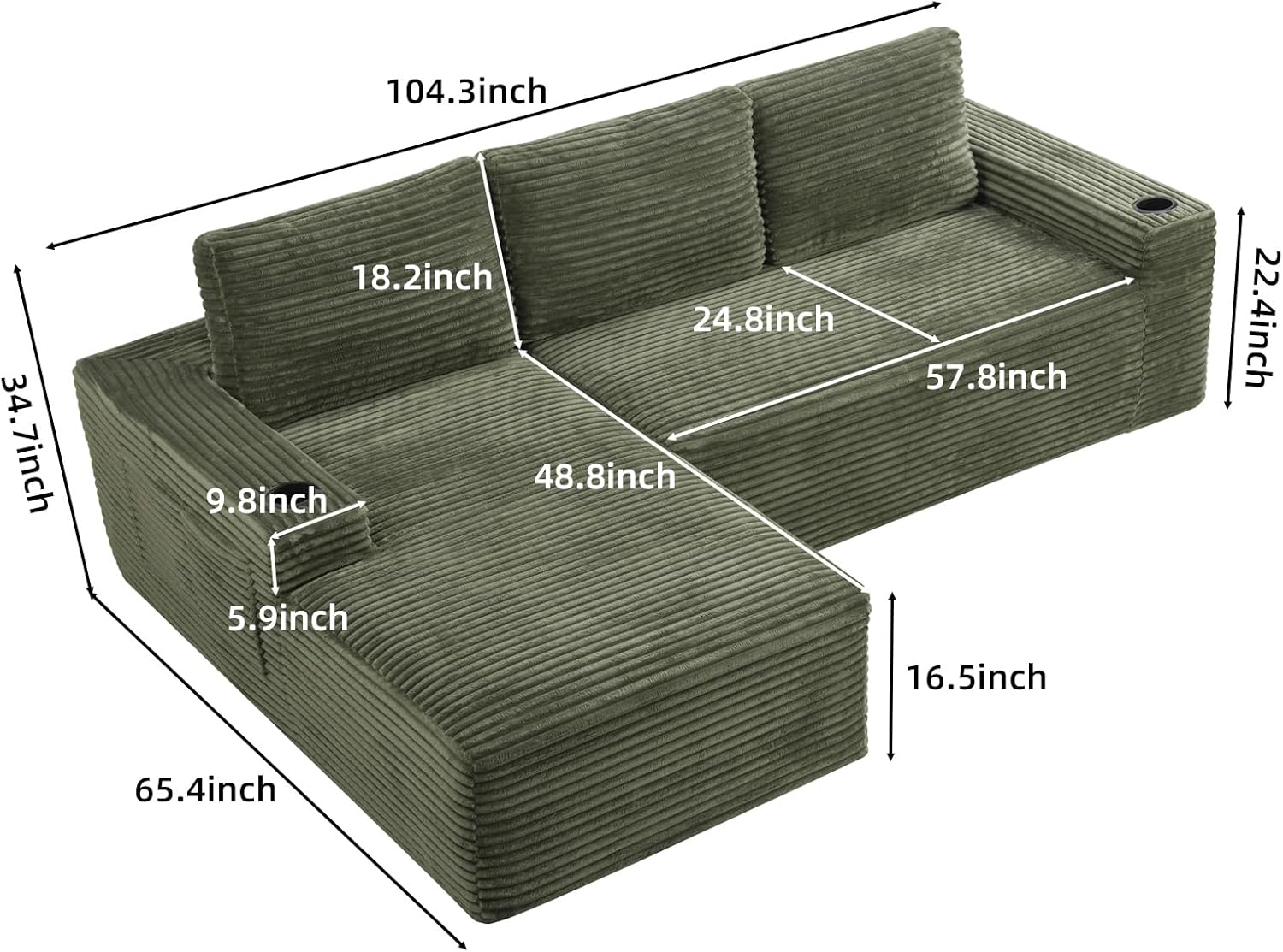 104 L Shaped Boneless Sectional Couches for Living Room, Comfy Corduroy Floor Cloud Sofa with Chaise and Cup Holder, Wide Armrest, Deep Seat, Assembly Free, Ideal for Small Spaces, Green