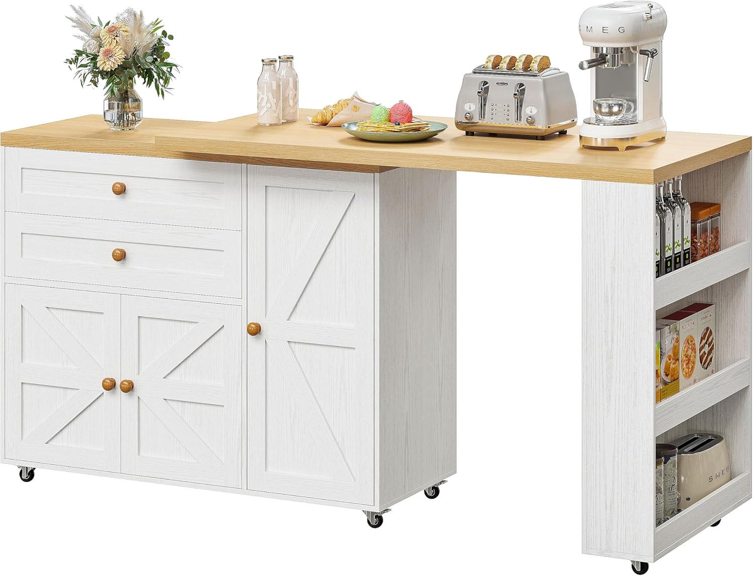 IRONCK Kitchen Island on Wheels with Storage, 71in Mobile Kitchen Cart with 3 Shelves and Drawers, Rolling Island with 360°Rotating Tabletop and Spice Rack, White