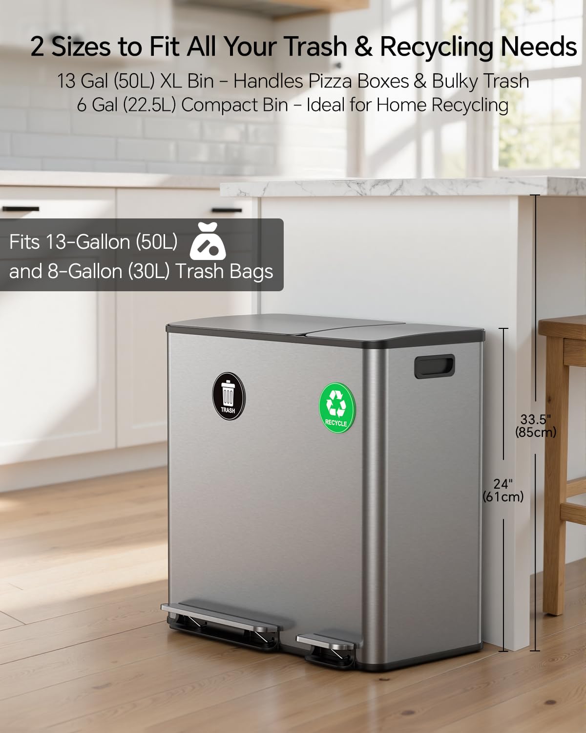 Lovewind Dual Trash and Recycling Bins for Kitchen, 13+6 Gallon Stainless Steel Garbage and Recycle Bin Combo for Large Families, Dual Trash Can with Soft Close Lid & Magnetic Stickers, Silver