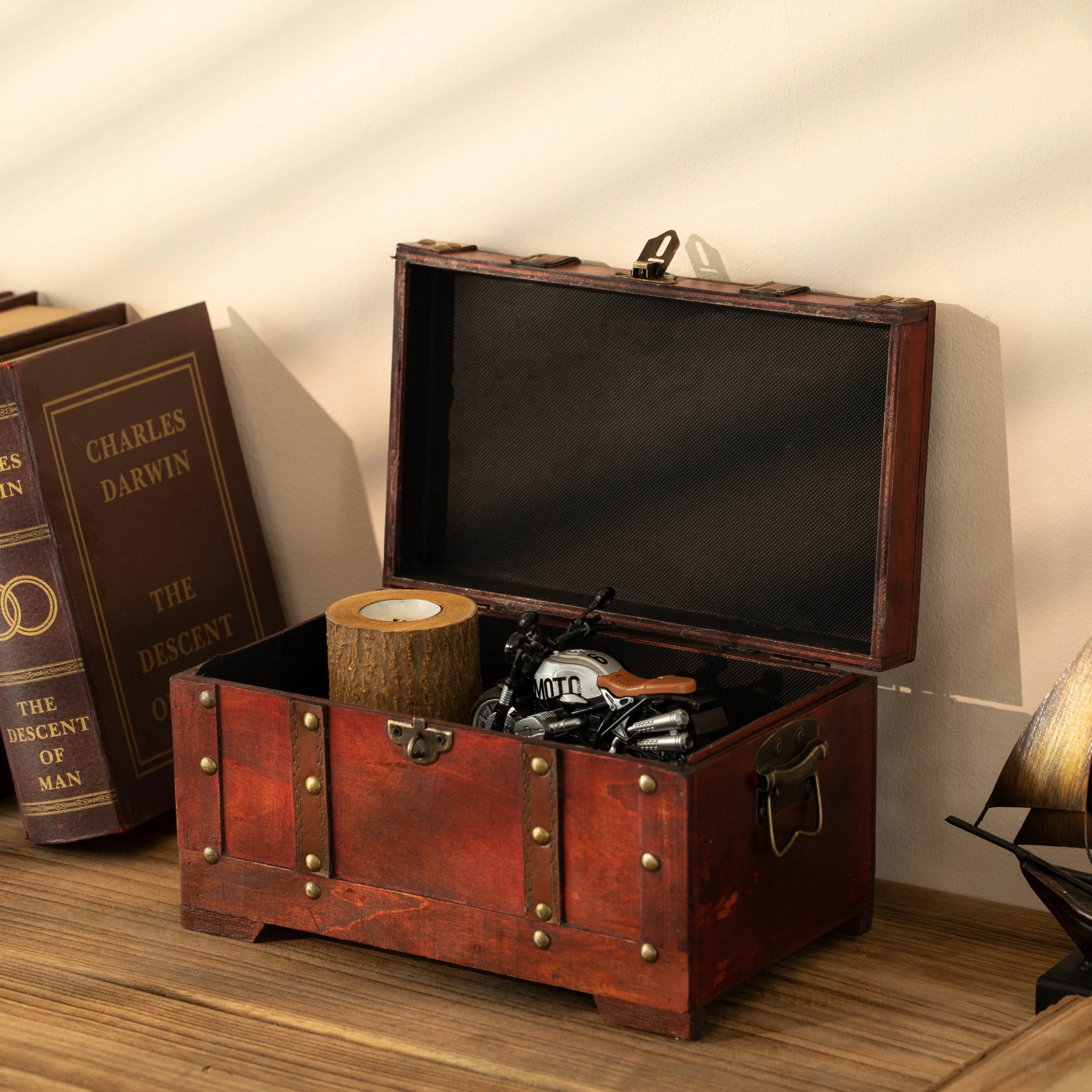 Multi-Function Vintage-Inspired Small Wooden Storage Box and Decorative Trunk - Antique Cherry