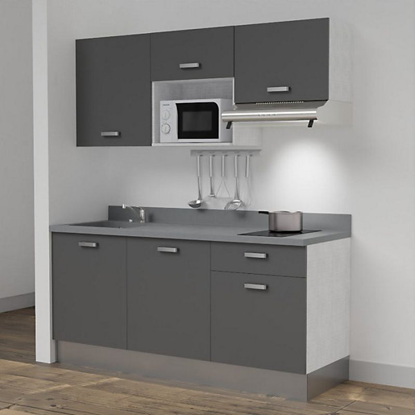 Kitchenette K30 - 180 cm - façades Gris - Plan monobloc en quartz coloris Cromo évier à gauche