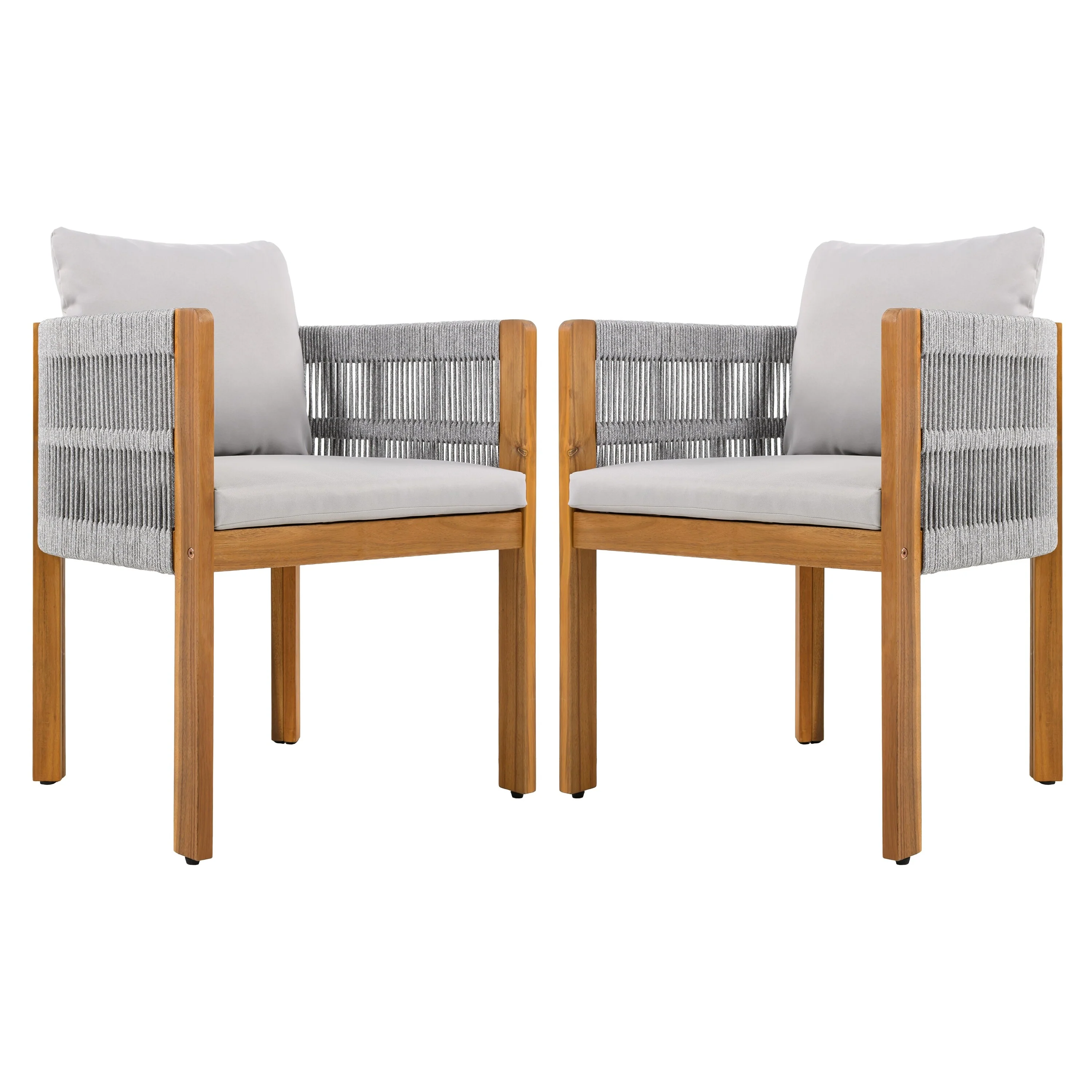 Acacia Wood Outdoor Dining Chairs 2-Pack with Grey Rope Handles, Washable Waterproof Grey Cushions, 400 lbs Capacity