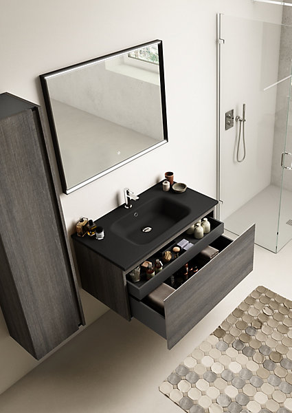 Meuble vasque suspendu effet chêne Metz l.90 cm   plan vasque noir résine, Pura