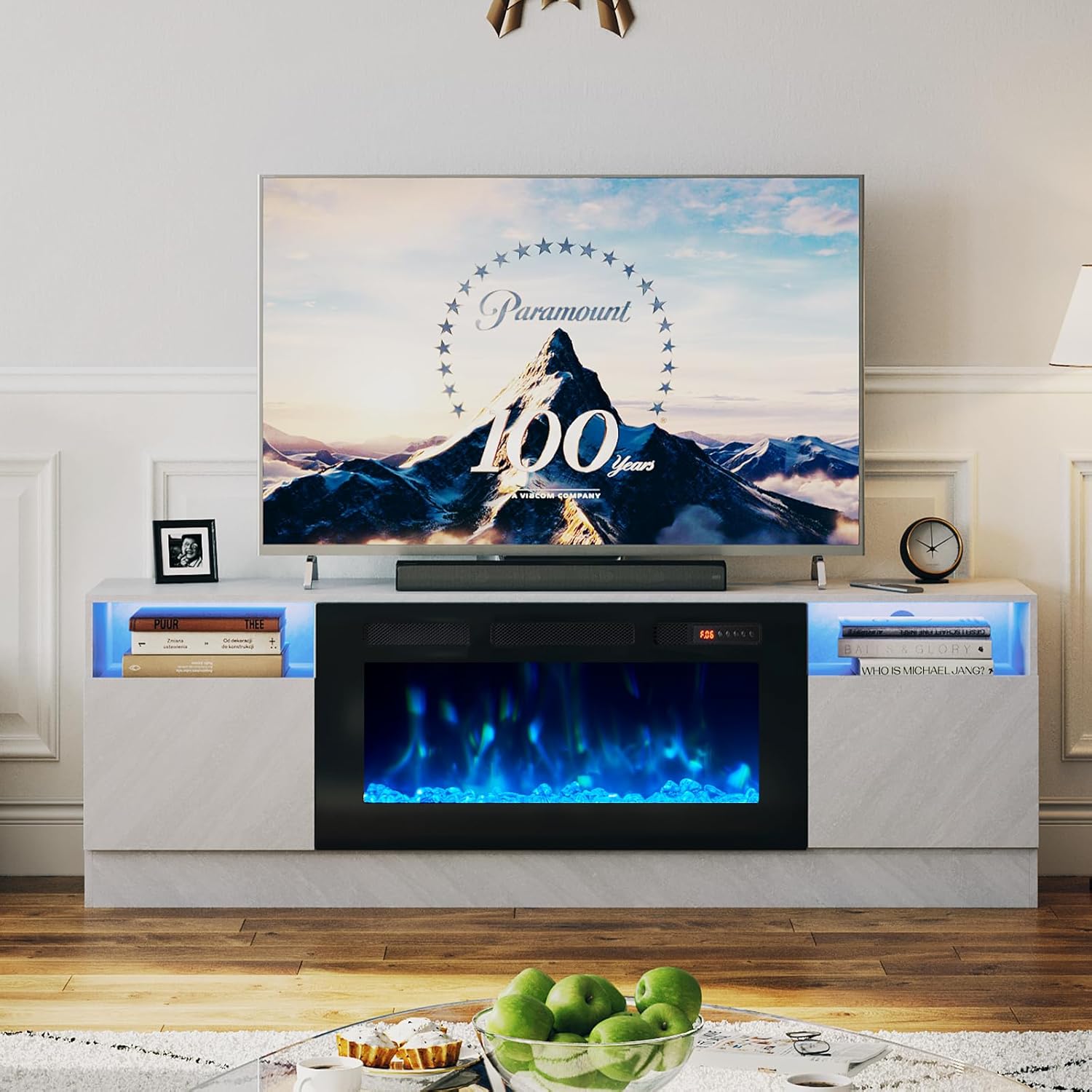 oneinmil Fireplace TV Stand with 36 Electric Fireplace, LED Light Entertainment Center, Modern Wood Texture Entertainment Stand with Highlight Storage Cabinet for TVs Up to 80, 70 inches, Grey