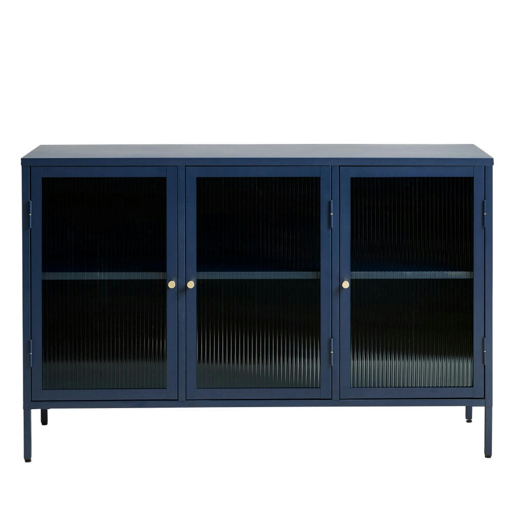 BJORN - Buffet 3 portes en verre strié et métal L132cm bleu