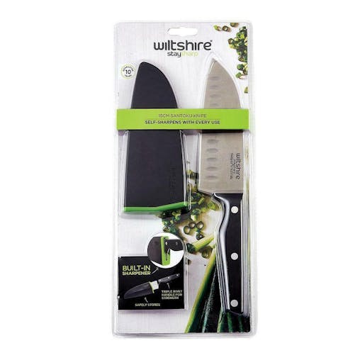New Wiltshire Staysharp 15Cm Triple Rivet Santoku Knife With Sharpener