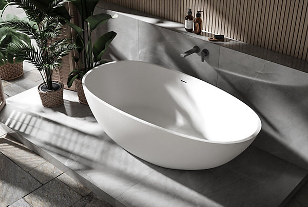 Baignoire îlot fonte minérale ovale autoportante Moderne avec bonde - 170x86x54cm - VELA Blanc mat