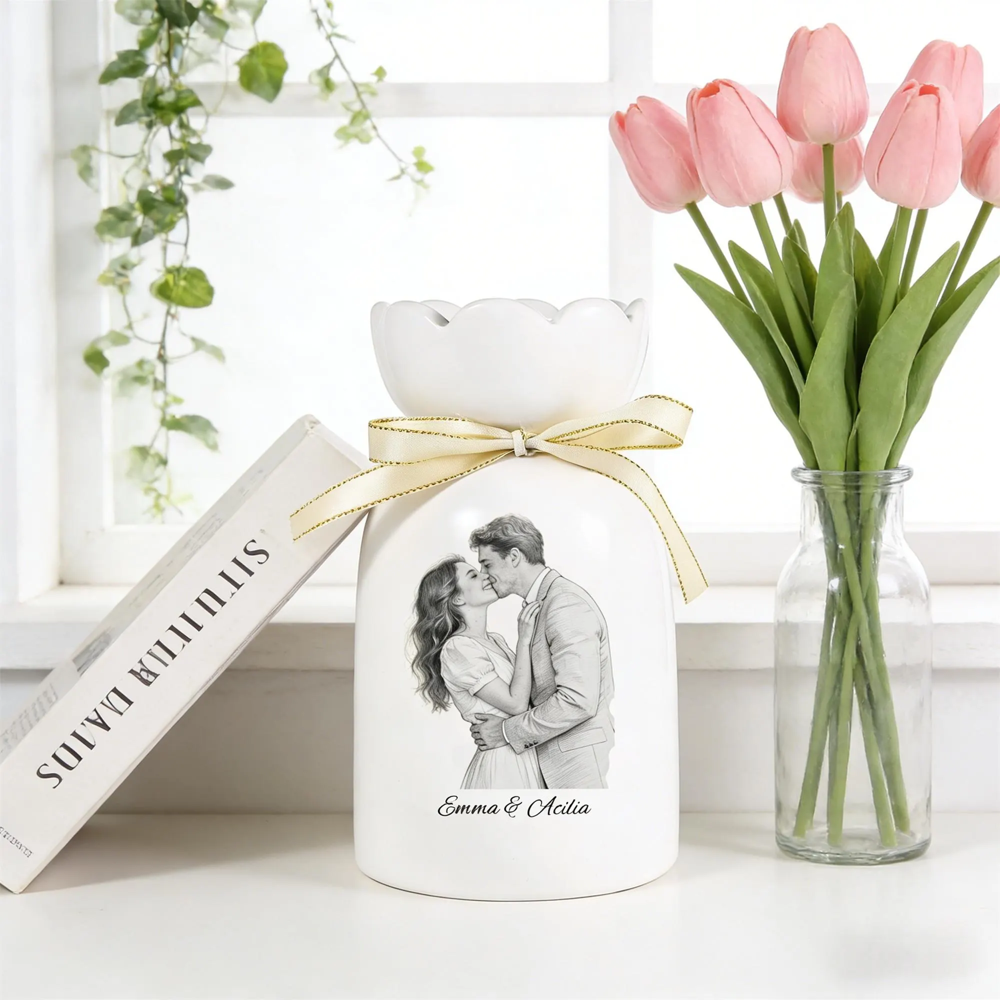 Custom Line Portrait Flower Vase, Personalized Ceramic Flower Vase with Couple Photo Drawing, Wedding Anniversary Gift for Her, Gift for Mom