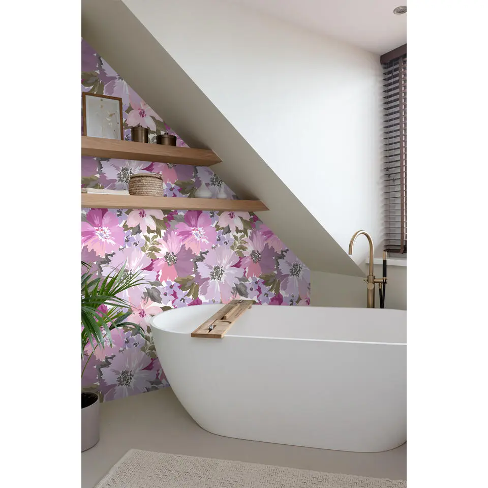 ESTAhome behang bloemen lila paars en olijfgroen - 50 x 900 cm