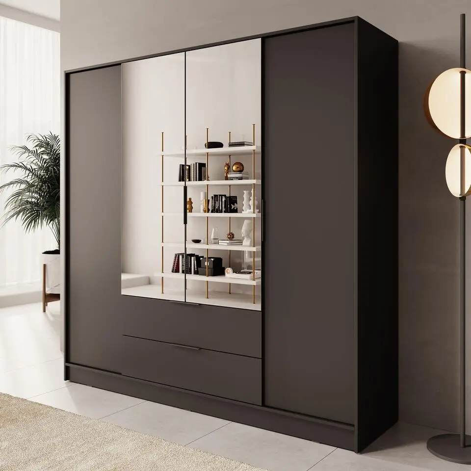 Meubella - Kledingkast Kaelum - Zwart - 206 cm - Met spiegel