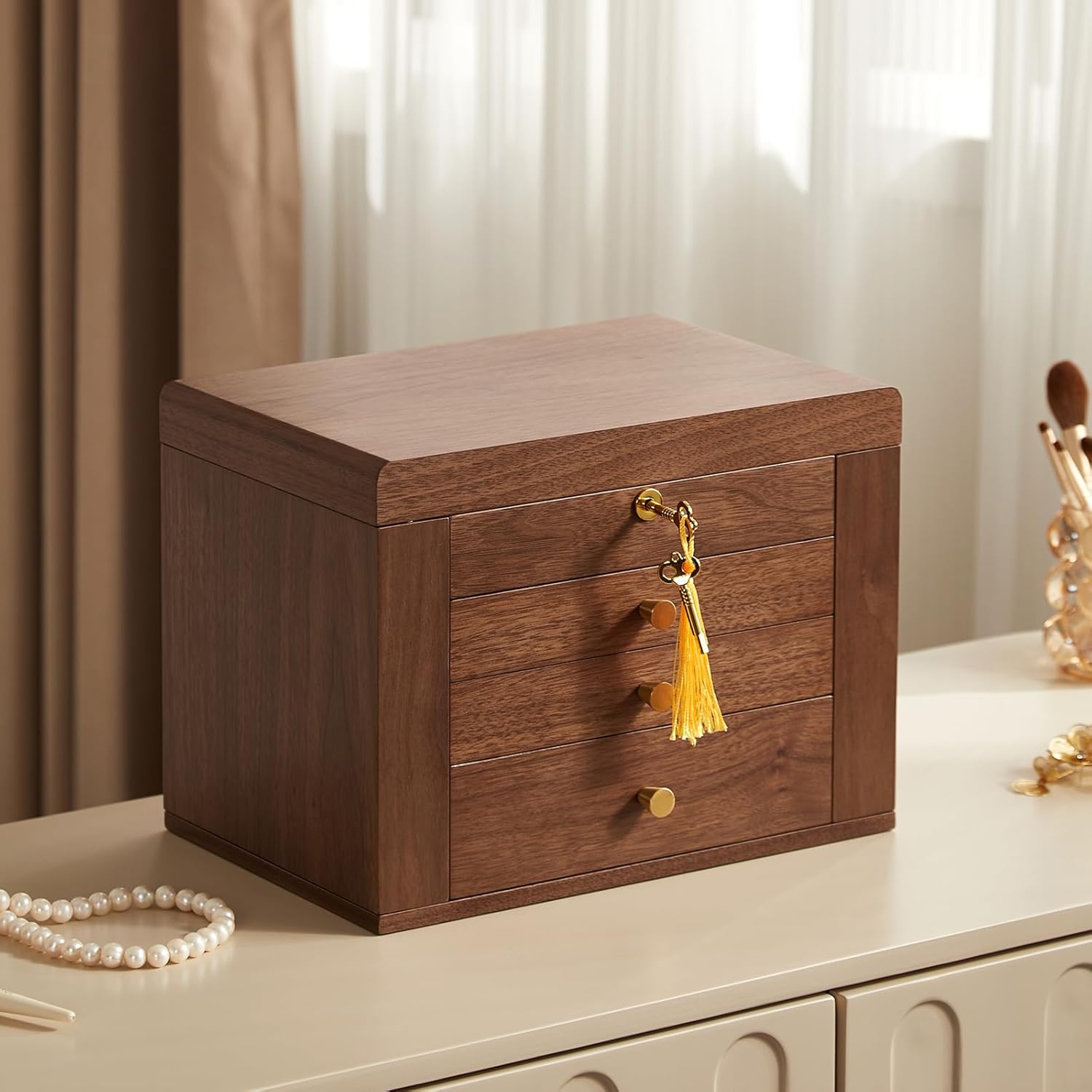CHOSIN Black Walnut Wooden Jewelry Box, 4 Layer Lockable Wood Jewelry Organizer with Mirror, Side Doors & Brass Handle, Classical Design for Rings, Necklaces, Earrings, Mothers Day Gifts for Mom