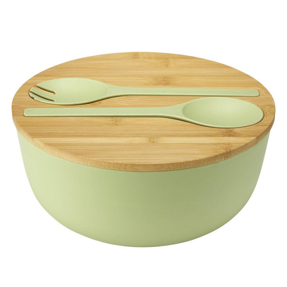 Saladier plastique vert avec couvercle bambou et couverts à salade assortis Ø25cm