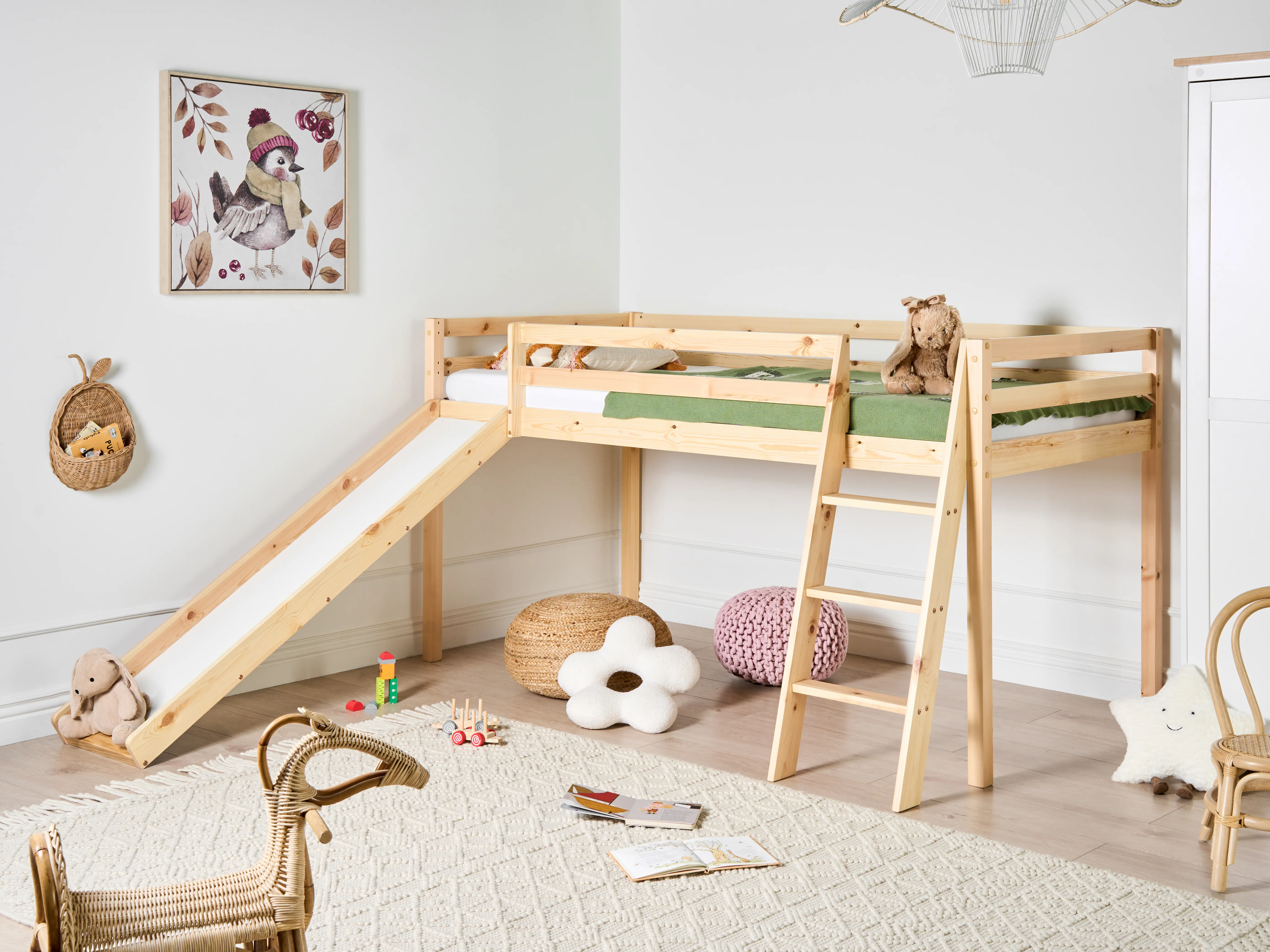 Mid Sleeper Bed Pine Wood STAPLE 90 x 200 cm (EU Single) with Slide Light Brown