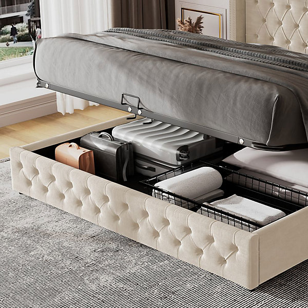 Lit Rembourré 160X200Cm Hydraulique Beige Blackcolors