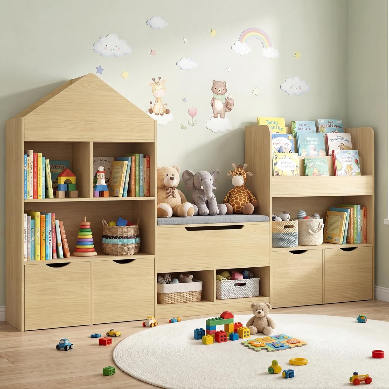 72 Kids Castle Bookshelf with Reading Nook, Large Toy Storage Organizer with Seat Cushion, 4 Drawers, Wheels, Kids Bookshelf and Bookcase w/8 Cubbies for Playroom, Nursery, Bedroom (Burlywood)