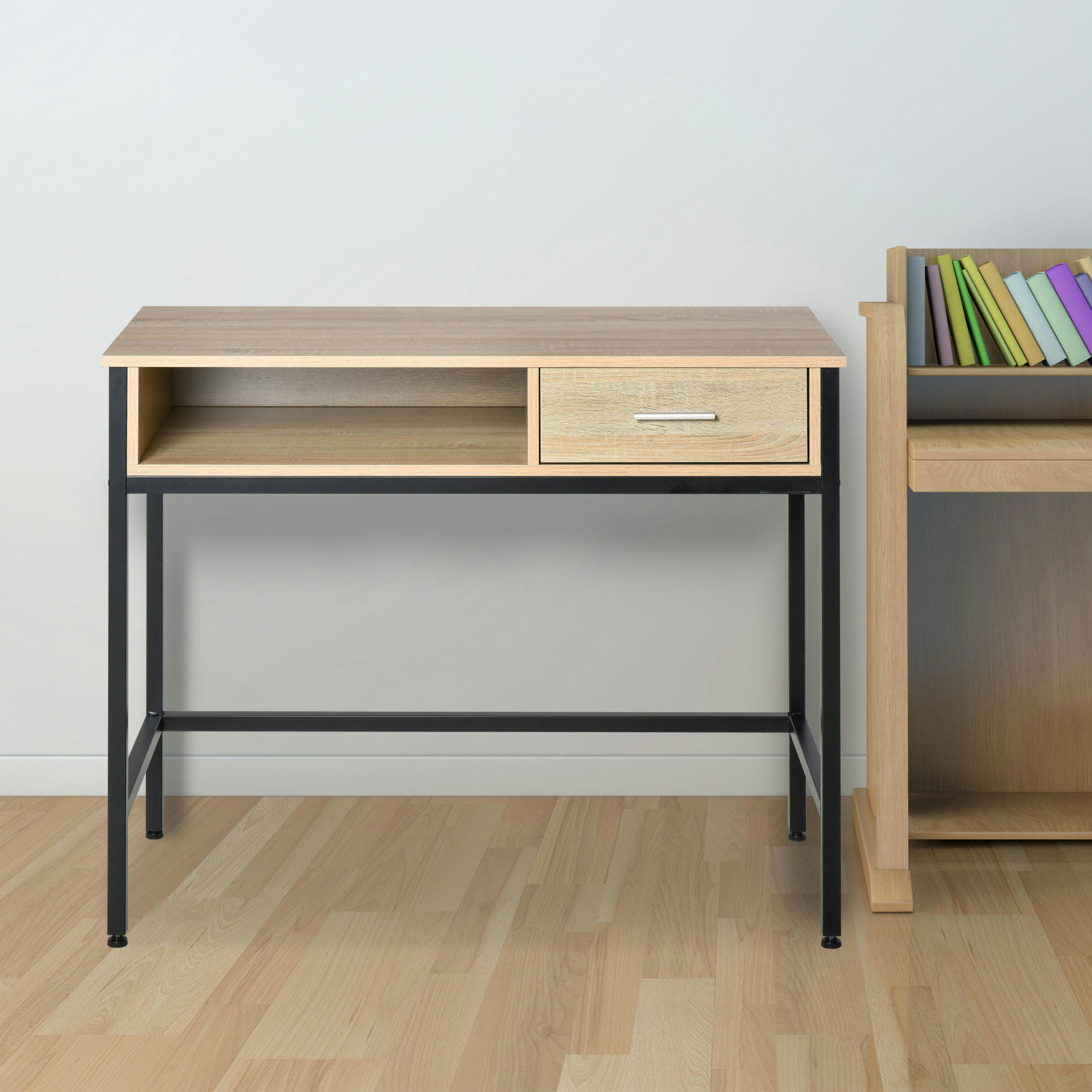 - Bureau style industriel casier tiroir métal noir chêne clair