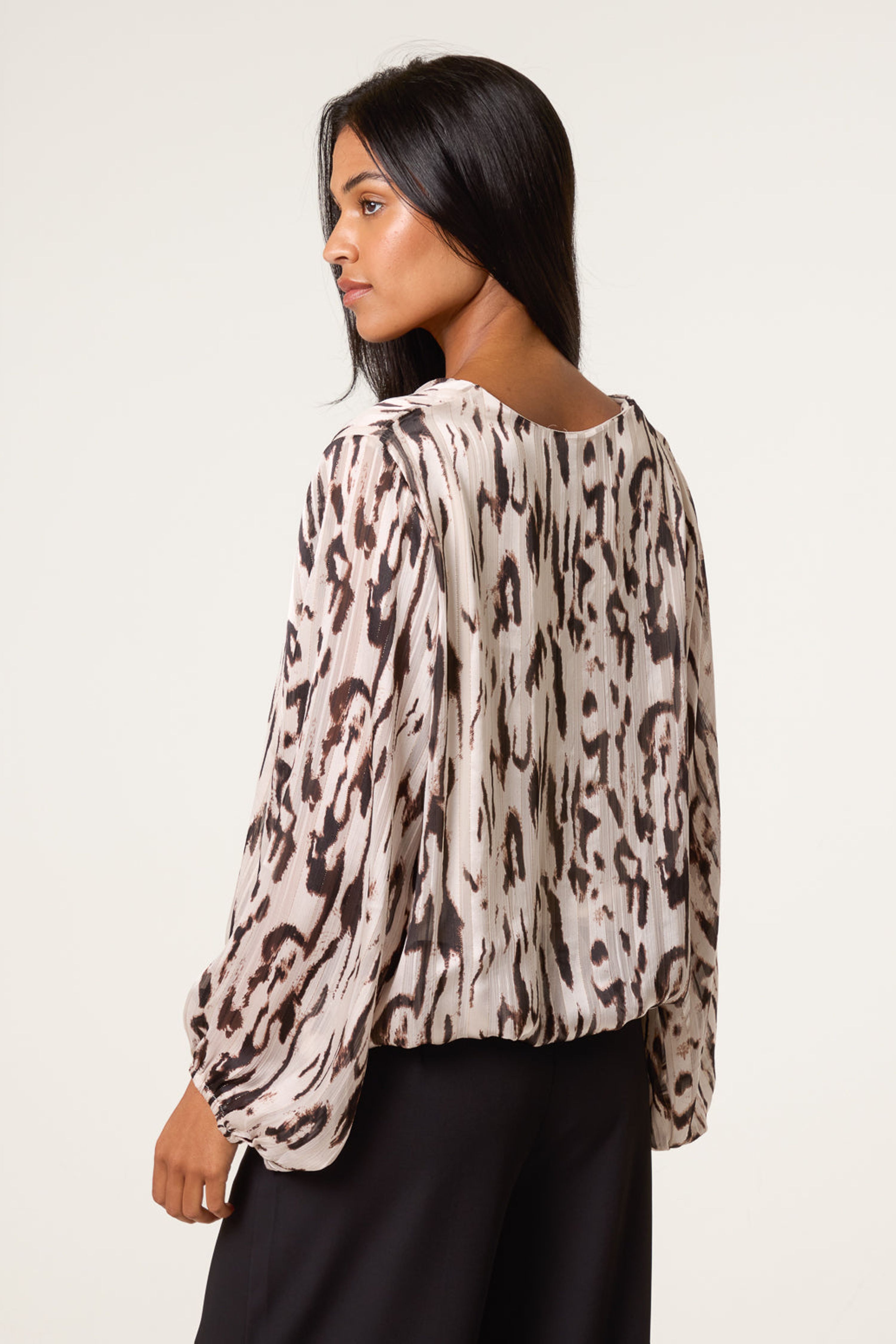 Blue Vanilla Brown Animal Print Puffball V Neck Top