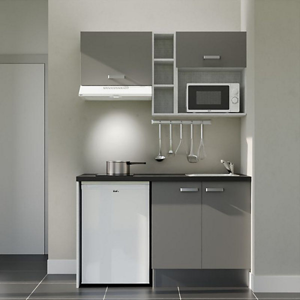 Kitchenette K13 façades Gris - Plan de travail Noir texturé - Crédences : Non - Evier inox - Electroménager Blanc inclus