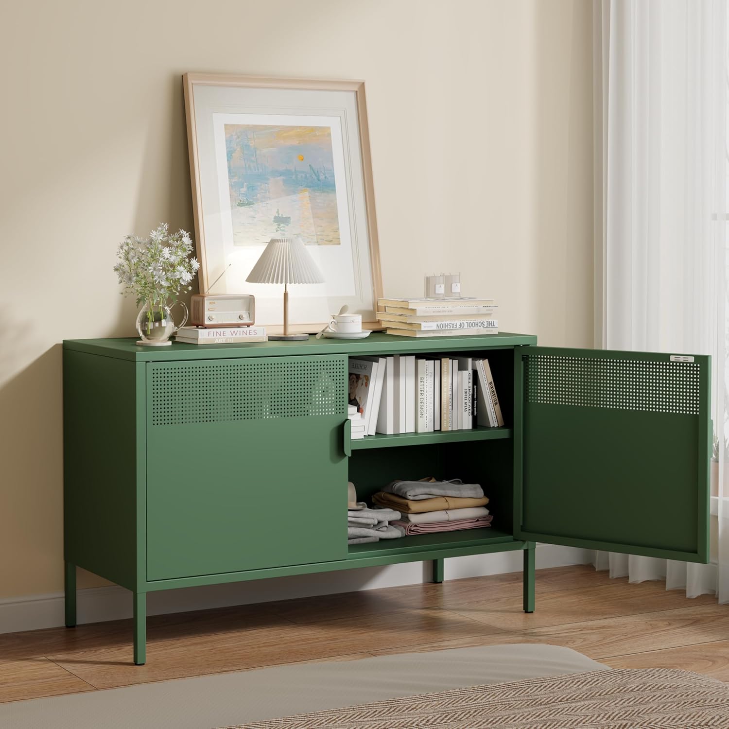 Metal Storage Cabinet with 2 Doors & Adjustable Shelves, 25 H Green Accent Cabinet, Metal Locker Storage Cabinets, Tv Stand Cabinet for Home, Office, Living Room, Entryway