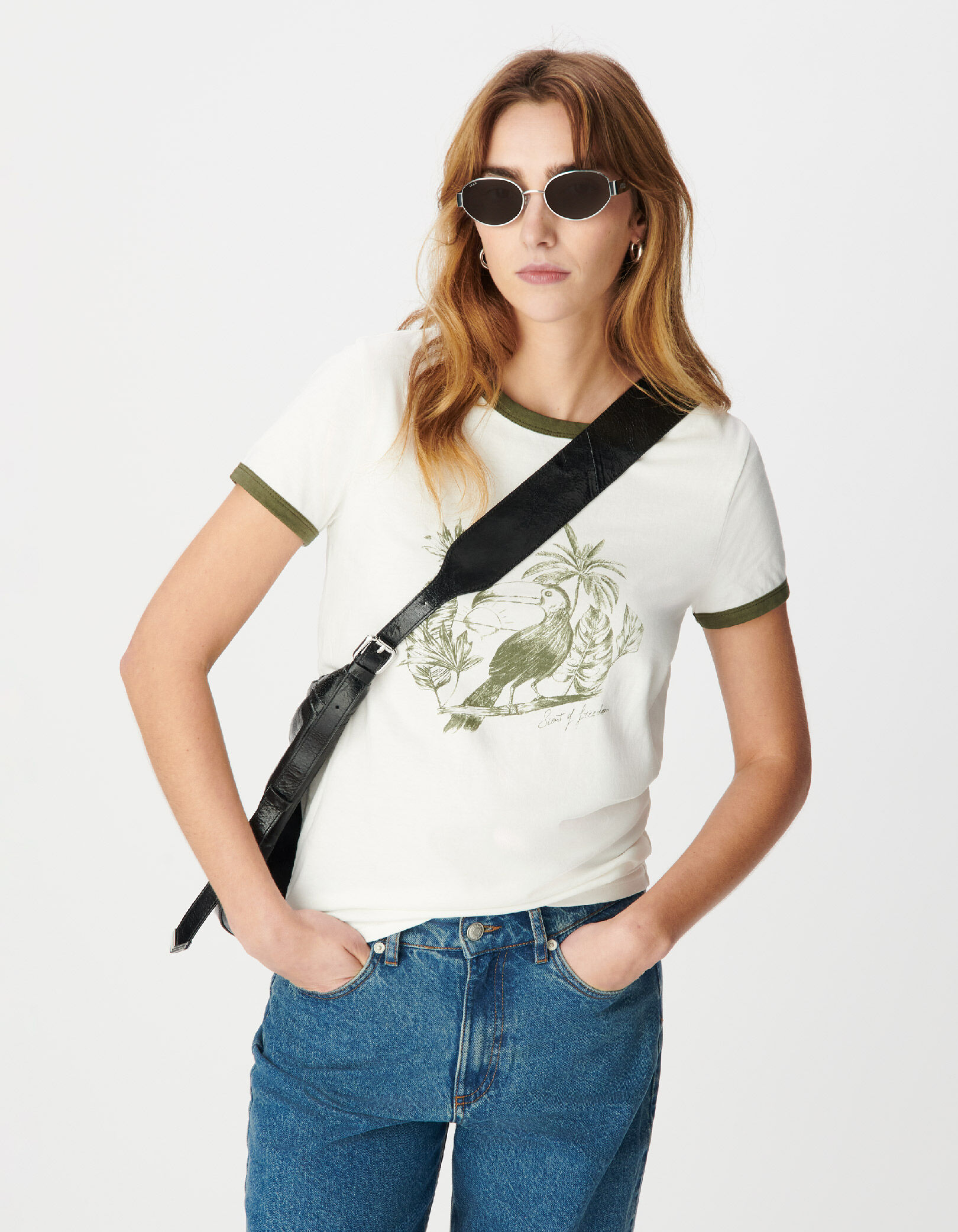 Tee-shirt manches courtes écru visuel oiseau kaki Femme