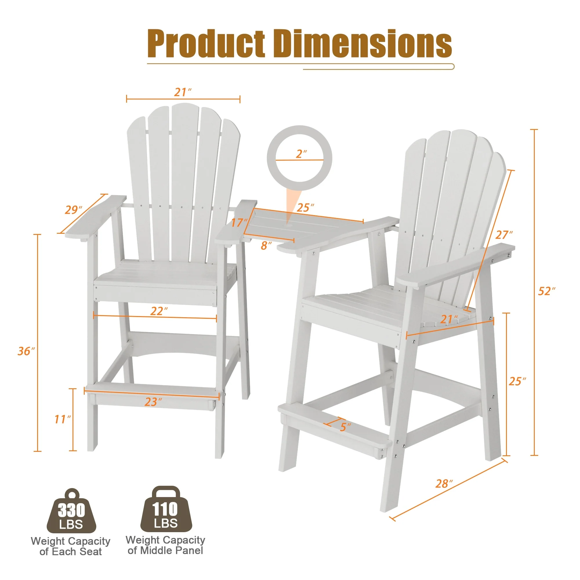 Outdoor Tall Adirondack Chair Set of 2 Patio Adirondack Barstools