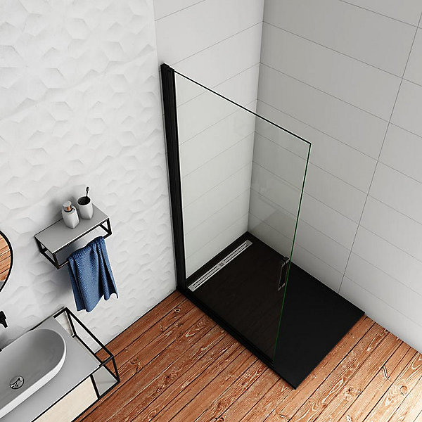Paroi de douche à l'italienne pivotante 86x200cm - 8mm verre anticalcaire - profilé noir mat -Installer réversible