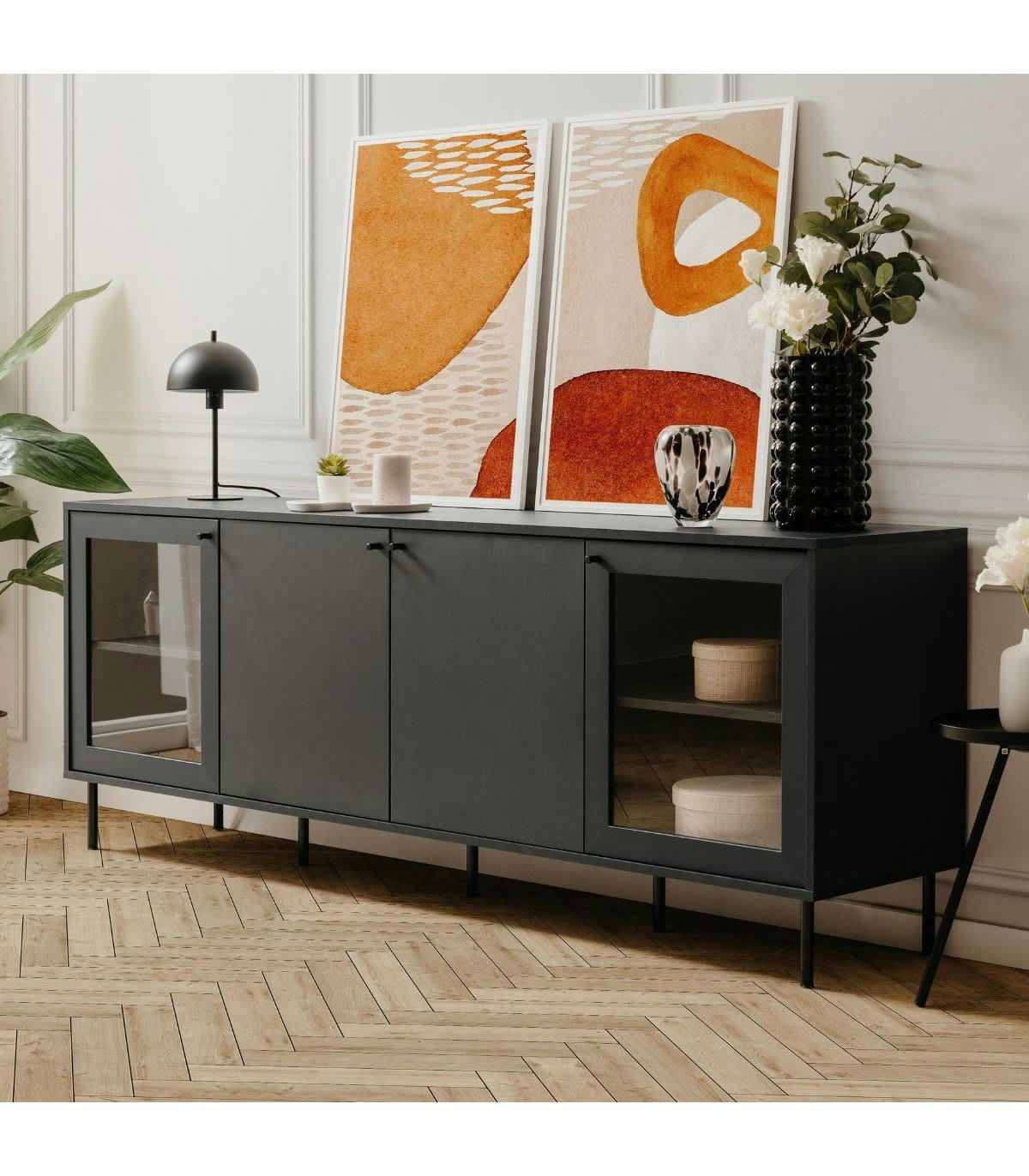 BOGOTA - Buffet bas 4 portes dont 2 vitrées bleu marine - L180 cm