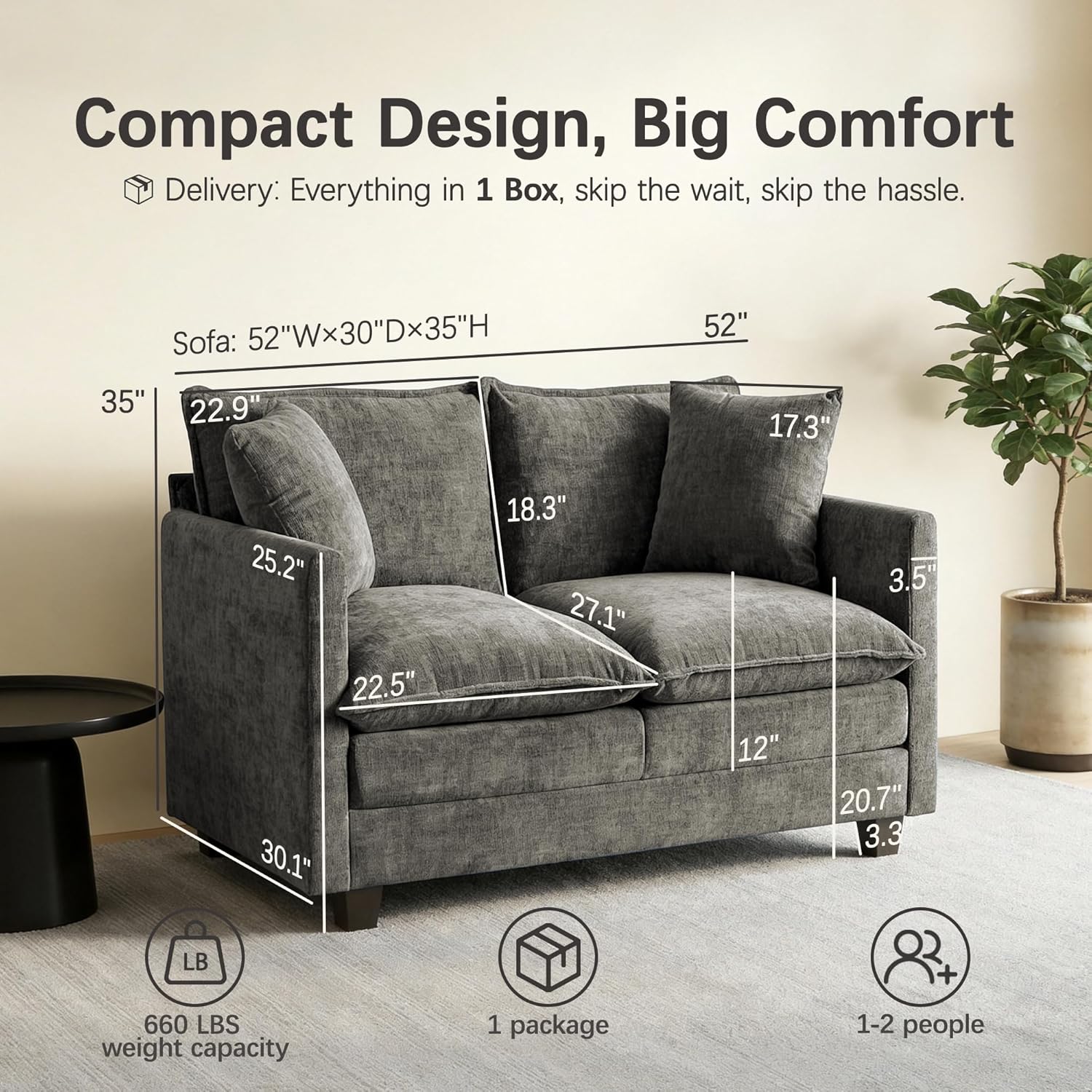 52 Loveseat Sofa, Modern Love Seat Couches, Small Loveseat for Small Spaces, Comfy Chenille Deep Seat Cloud Loveseat with 2 Pillows for Living Room, Bedroom,Apartment and Office, Grey