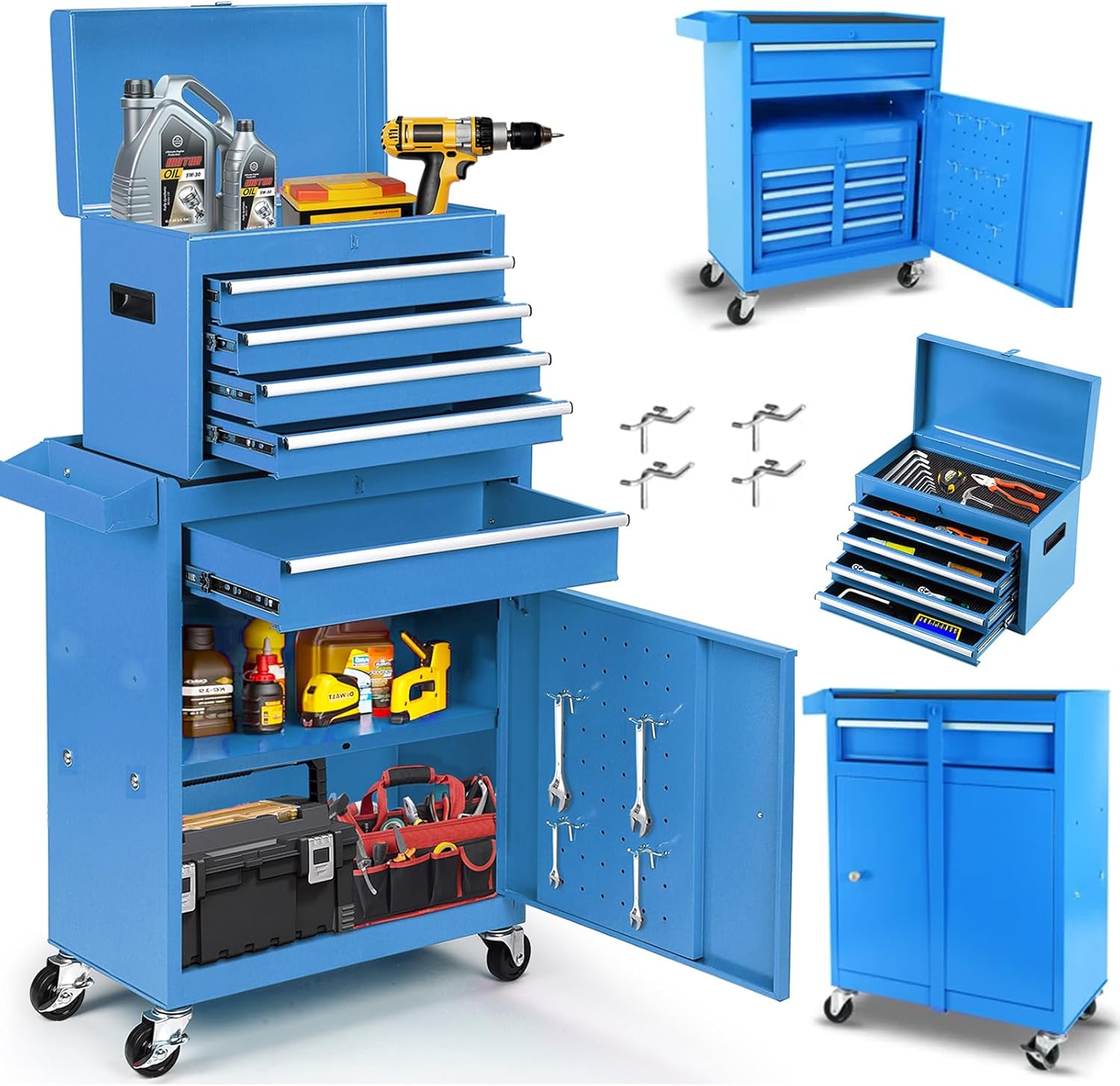 Dawmilon 5-Drawer Rolling Tool Chest, Detachable Top Tool Box, Lockable Metal Tool Cabinet with Wheels, Adjustable Shelf and Liner for Garage Workshop Storage, Blue
