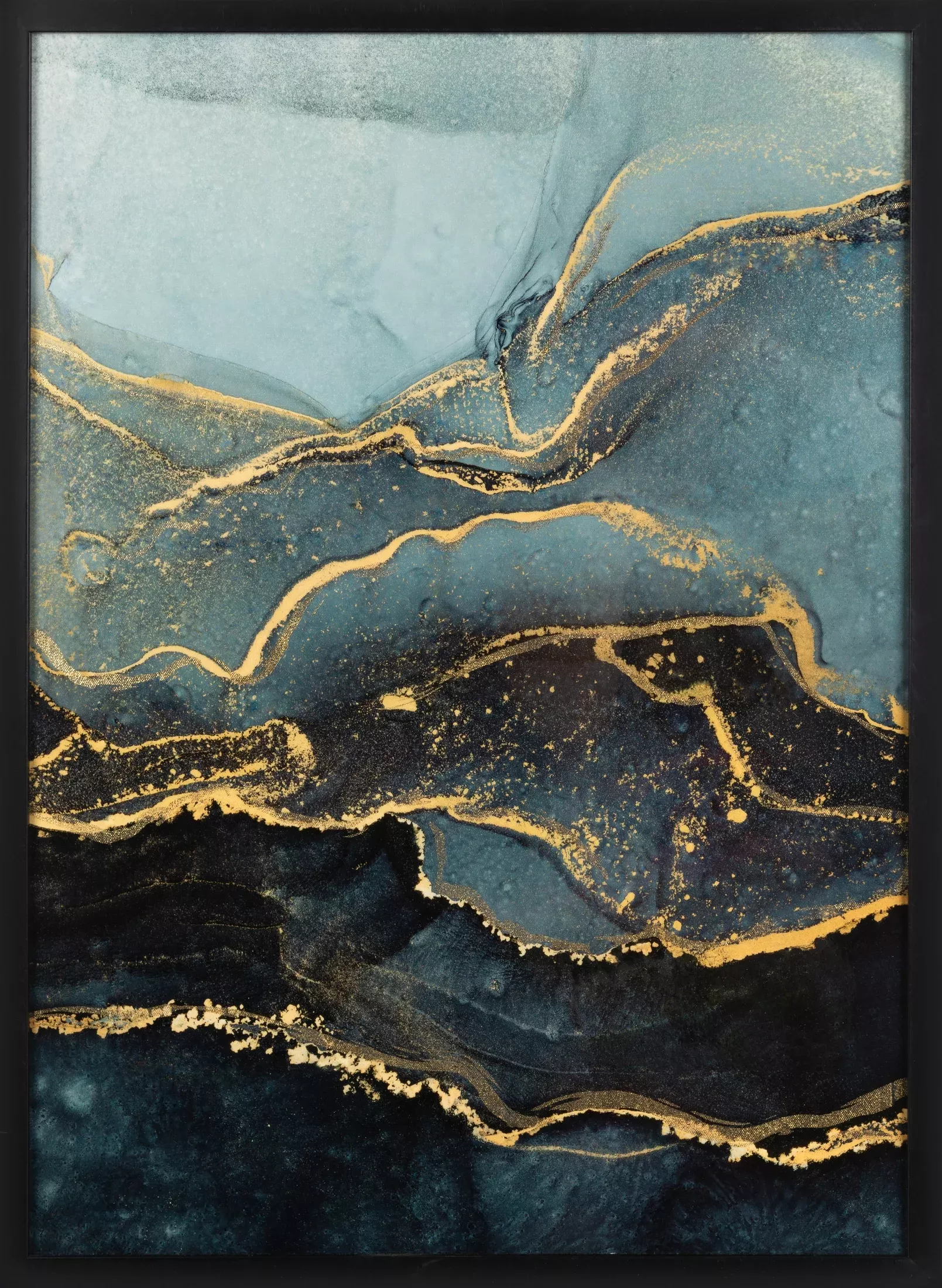 Obraz abstrakcja stalowo, złoty w czarnej ramie 53x73 cm