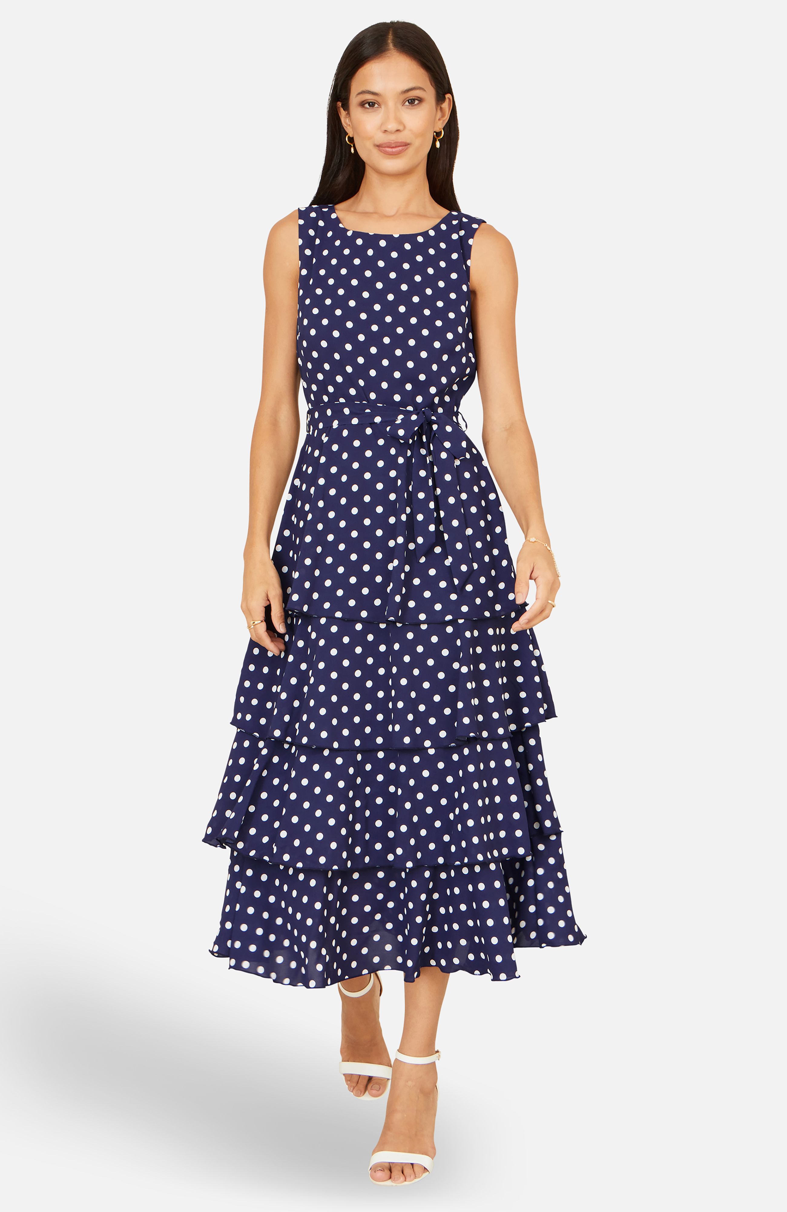 Yumi Navy Spot Tiered Midi Skirt Dress