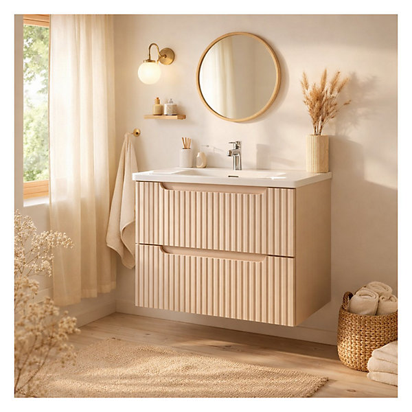 Ensemble de salle de bain VANO cachemire et blanc 60cm : meuble sous vasque à tiroirs rainuré verticalement et vasque encastrée
