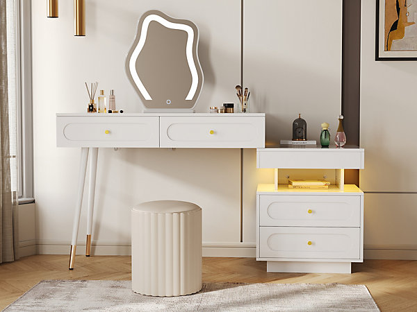 Coiffeuse 140 cm avec miroir LED réglable et 4 tiroirs, finition blanche, sécurité anti-basculement
