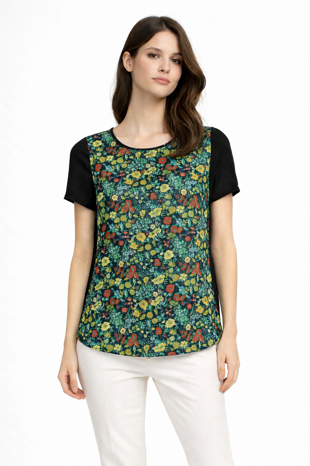 Cutie London Floral Print Short Sleeve Top with Contrast Black Sleeves