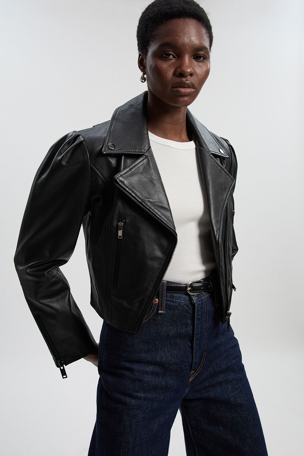 KarenMillen Leather Strong Shoulder Crop Biker Jacket
