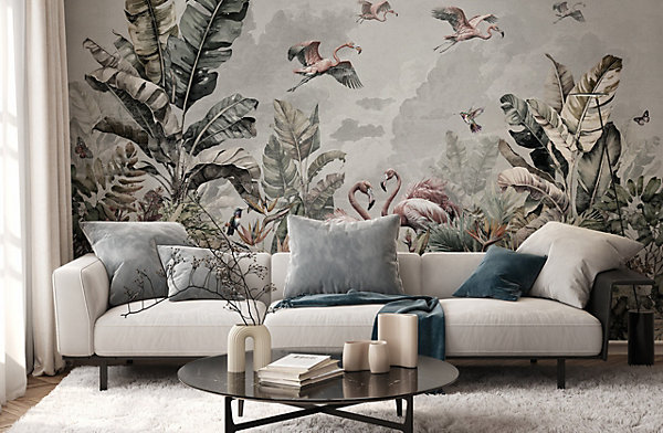 Papier Peint Intissé Photo Pour Salon FLAMANTS Jungle Plantes Vintage 360cm x 240cm
