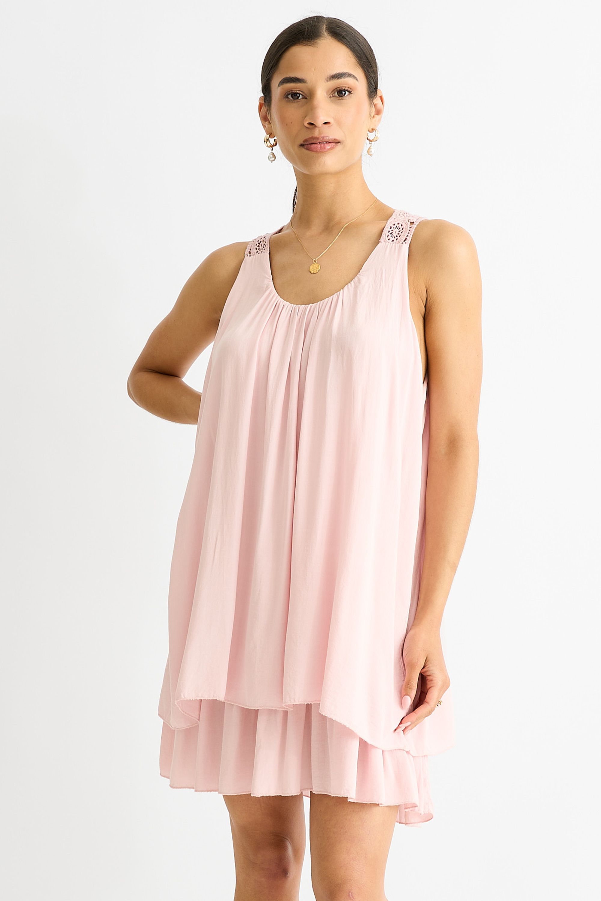 Gini London Pink Crochet Panel Double Layer Cotton Mini Dress