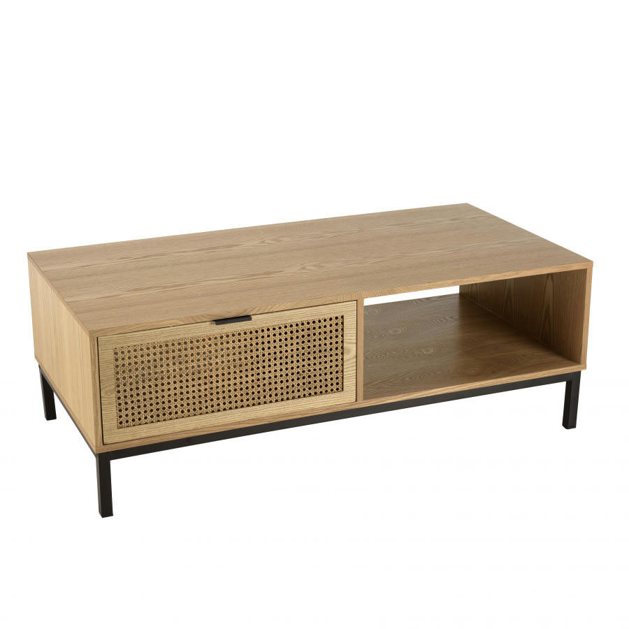 MARCEAU - Table basse 1 niche 2 tiroirs cannage naturel pieds métal noir