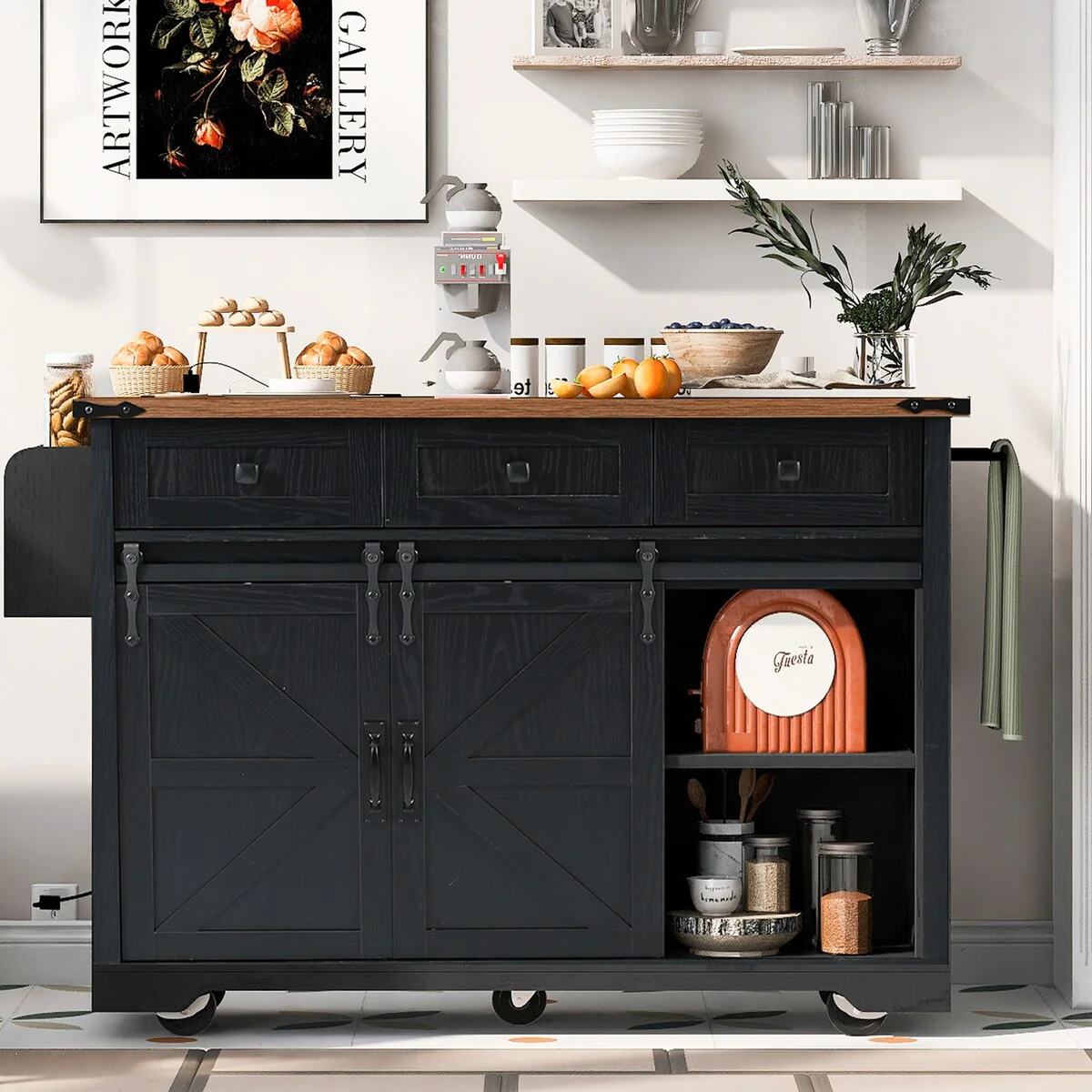 53.5''Farmhouse Kitchen Island with Power Outlet