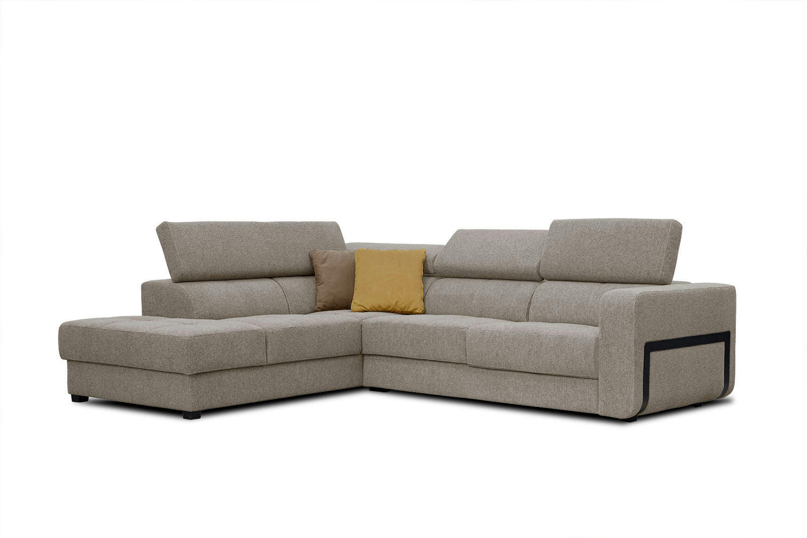 BERGO - Canapé d'angle gauche 5 places en tissu taupe avec coussins déco