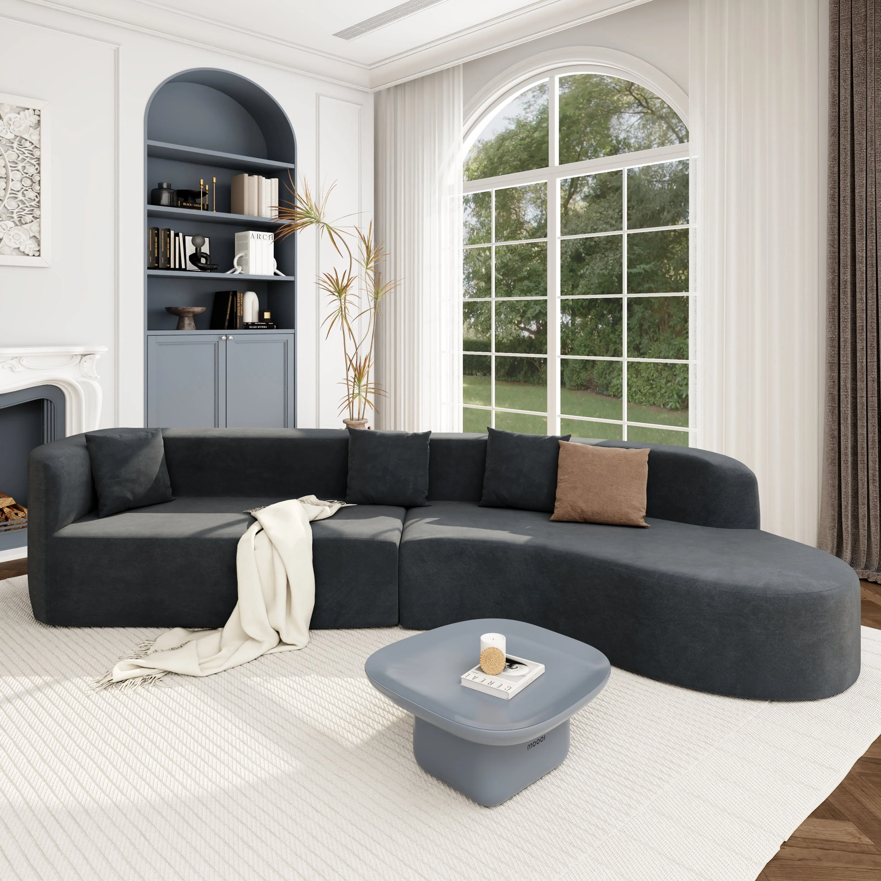 125.8'' Elegant 2-Piece Modern 4-Seat Sectional Sofa with Curved Design, 3 Pillows, and Anti-Wrinkle Chenille Fabric