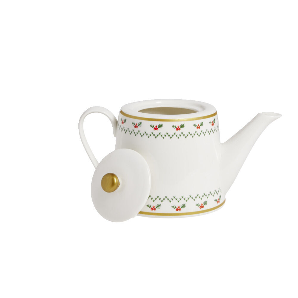 Theière de No&euml;l 1,2L blanche et dorée motifs houx
