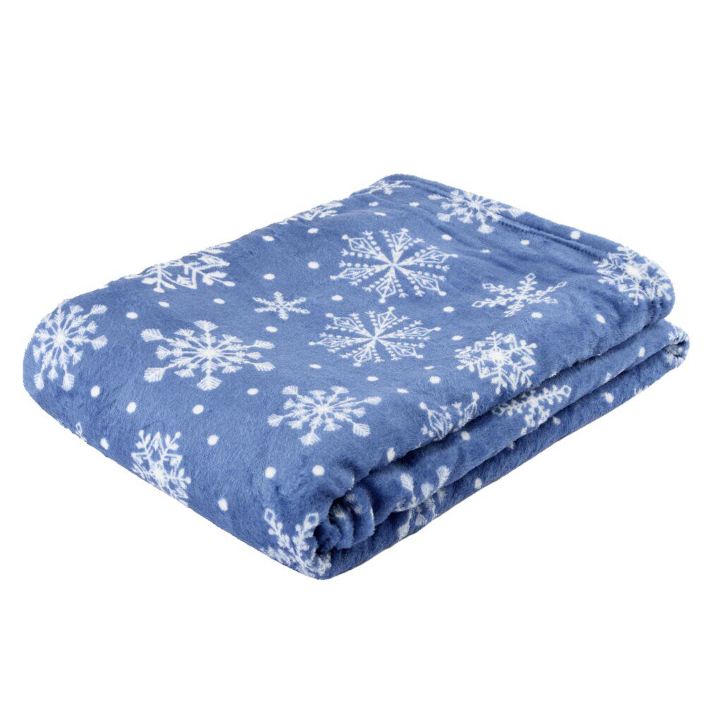 Plaid No&euml;l imprimé flocon de neige polyester L160X130 cm bleu