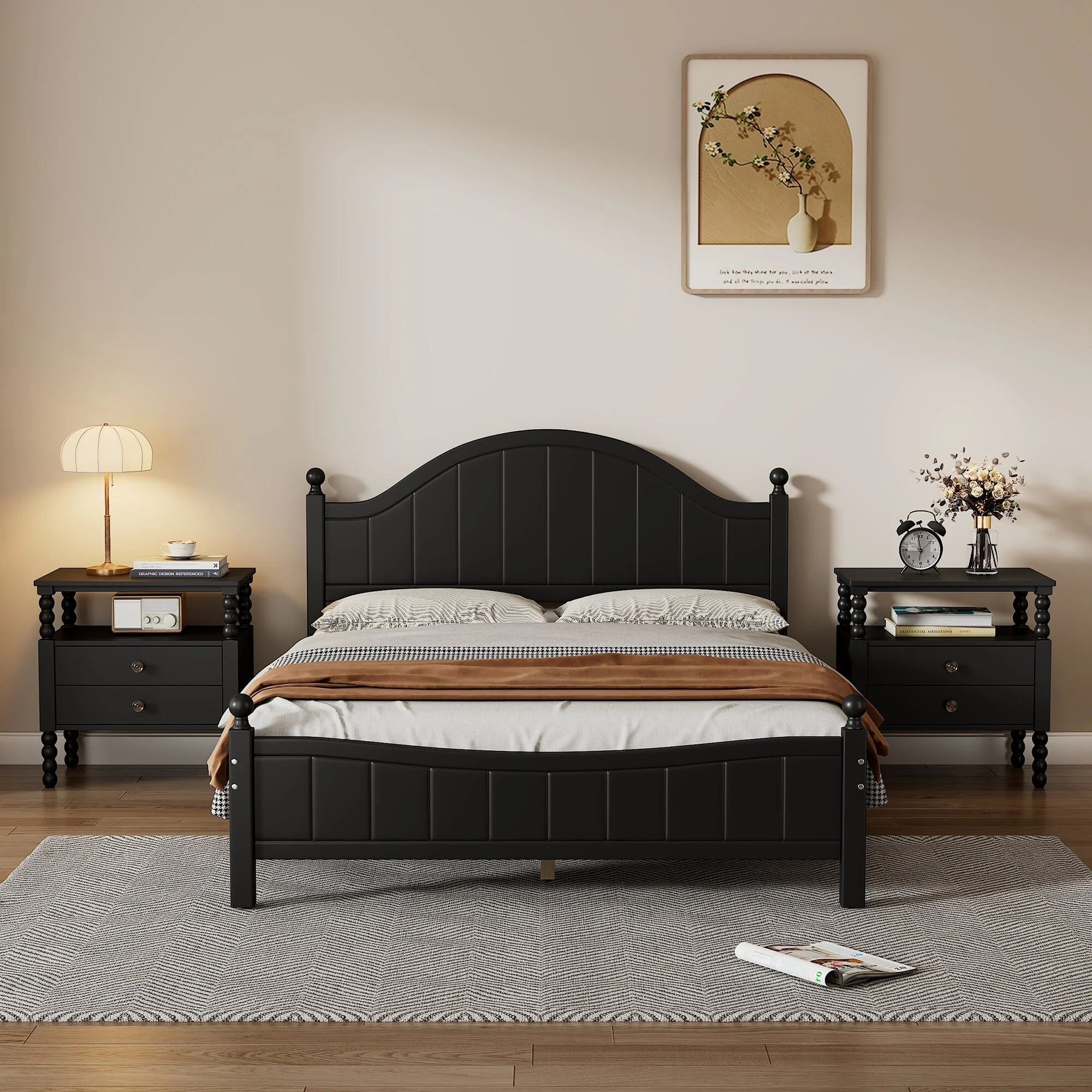 Solid Wood Platform Bed with 2 Nightstands
