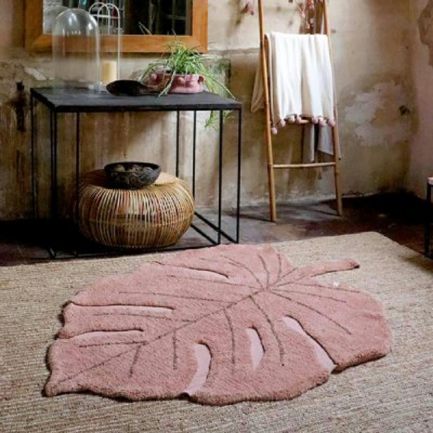 MONSTERA - Tapis coton lavable monstera nude 120x180cm