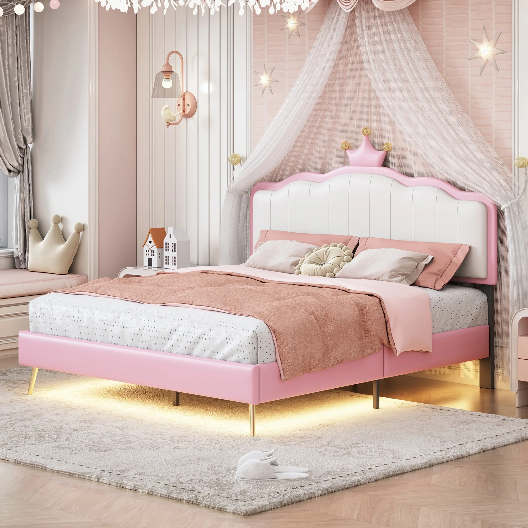 Full Size Upholstered Princess Bed with Crown Headboard and Light Strip