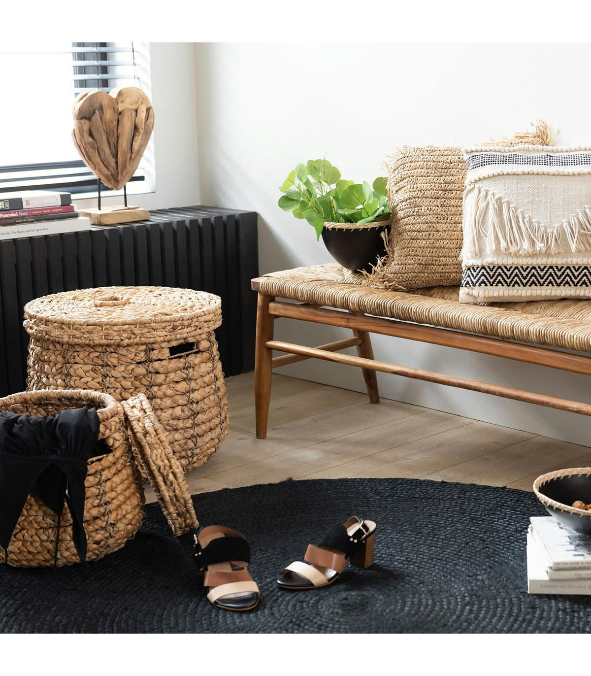 - Lot de 2 paniers avec couvercle en matières naturelles - Marron